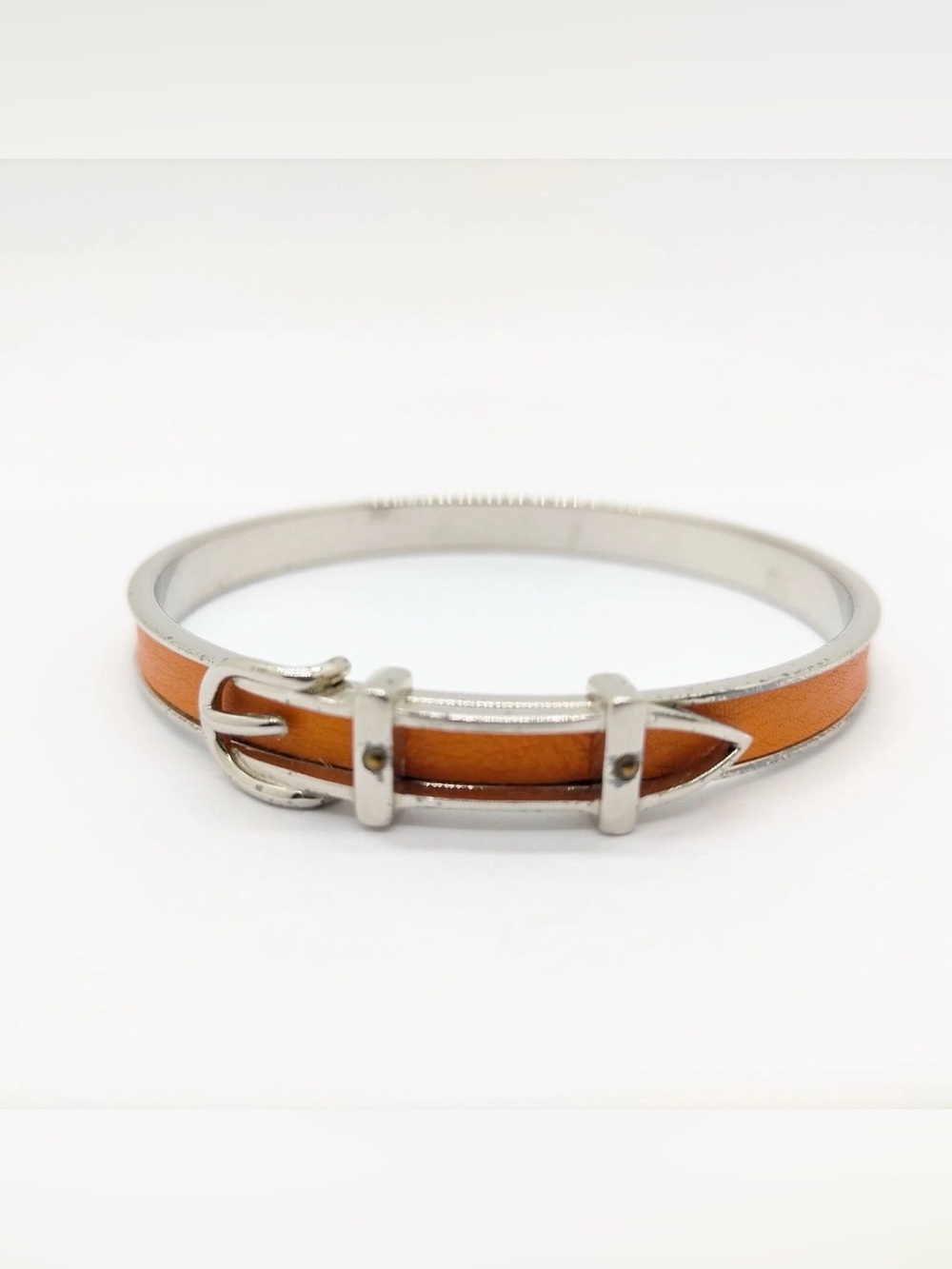 Authentic Hermès Silver-Tone Buckle Bangle Bracelet with Orange Leather Inlay
